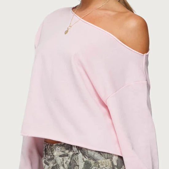 2025 Collection Women Sweatshirt Long Sleeve Oblique Neck Solid/Stripes Hoodie Pullover Crop Top
