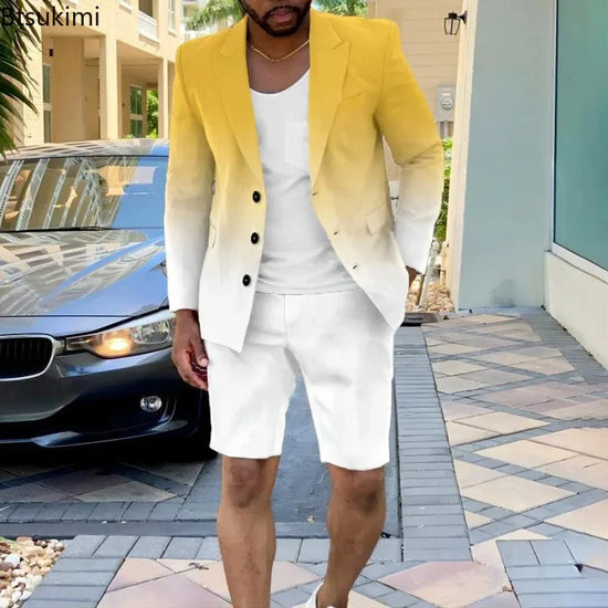 2026 Mens Clothing Summer Single-Breasted Outfits Men Business Office Short Pants Suit Fashion Casual Long Sleeve Two Piece Sets