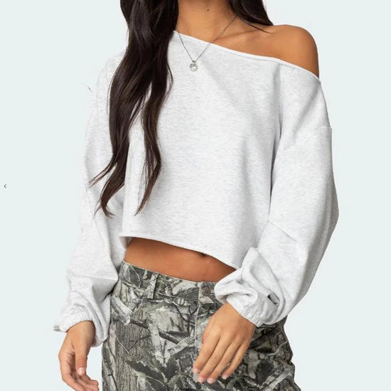 2025 Collection Women Sweatshirt Long Sleeve Oblique Neck Solid/Stripes Hoodie Pullover Crop Top