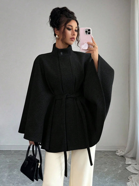 Women’s Clothing 2026: Elegant, Stand-Up Collar, Tie-Up Waist, Cloak-Style Design with a Sense of Grandeur, Woolen Coat.